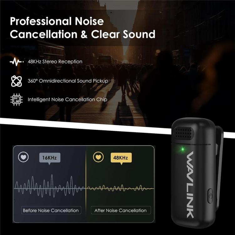 Microfono lavalier wireless WAVLINK WS-WAJ606C1 con riduzione del rumore e ricevitore RX a 8 pin., WS-WAJ606C1