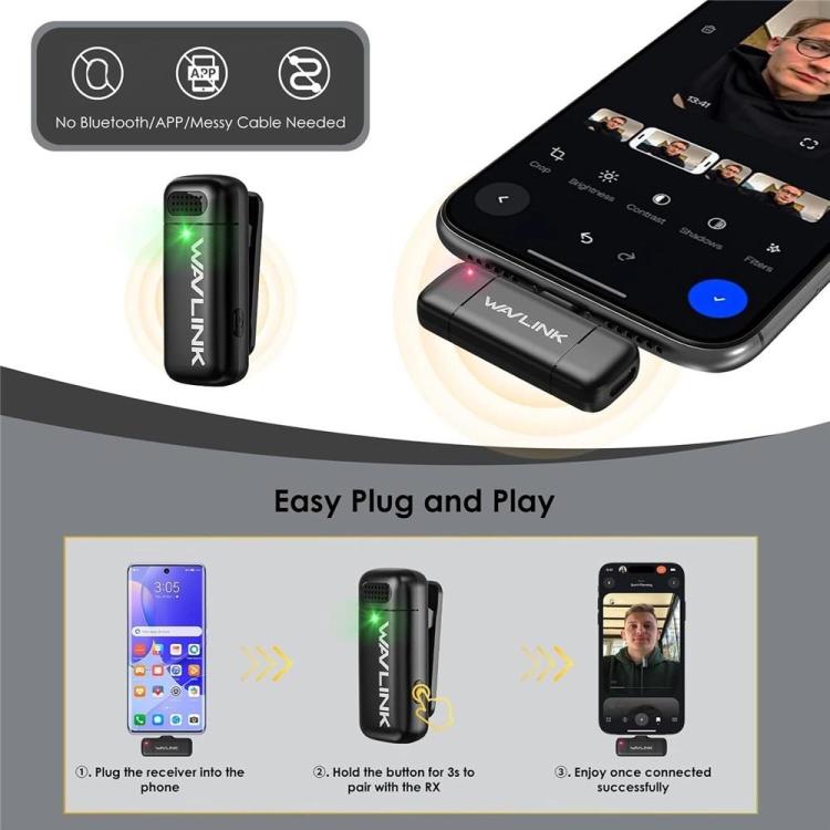 Microfono lavalier wireless WAVLINK WS-WAJ606C1 con riduzione del rumore e ricevitore RX a 8 pin., WS-WAJ606C1