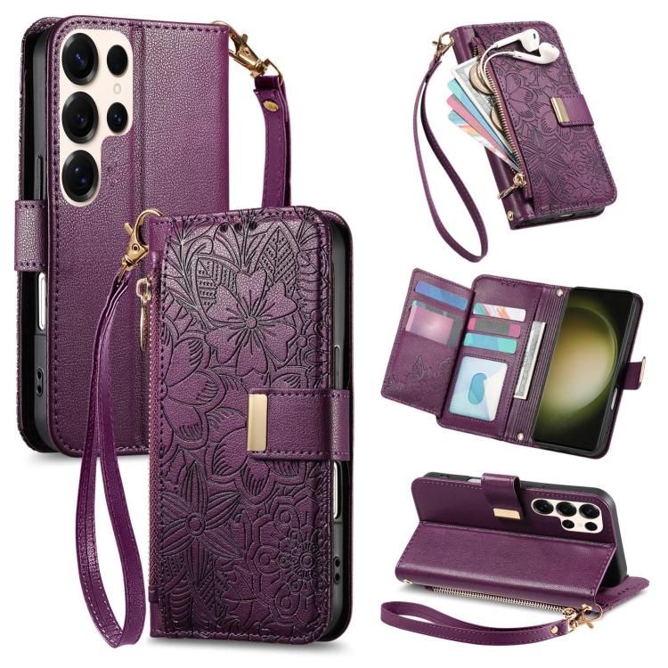 Portafoglio in pelle con cerniera e cinturino, motivo fiori e foglie, con cinturino., For Samsung Galaxy S23 FE 5G, For Samsung Galaxy S23 Ultra 5G, For Samsung Galaxy S23+ 5G, For Samsung Galaxy S23 5G