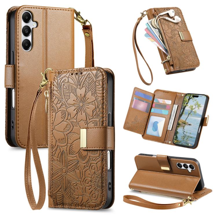 Portafoglio in pelle con cerniera e cinturino, motivo fiori e foglie, con cinturino., For Samsung Galaxy A15, For Samsung Galaxy A05, For Samsung Galaxy A05s, For Samsung Galaxy A25 5G