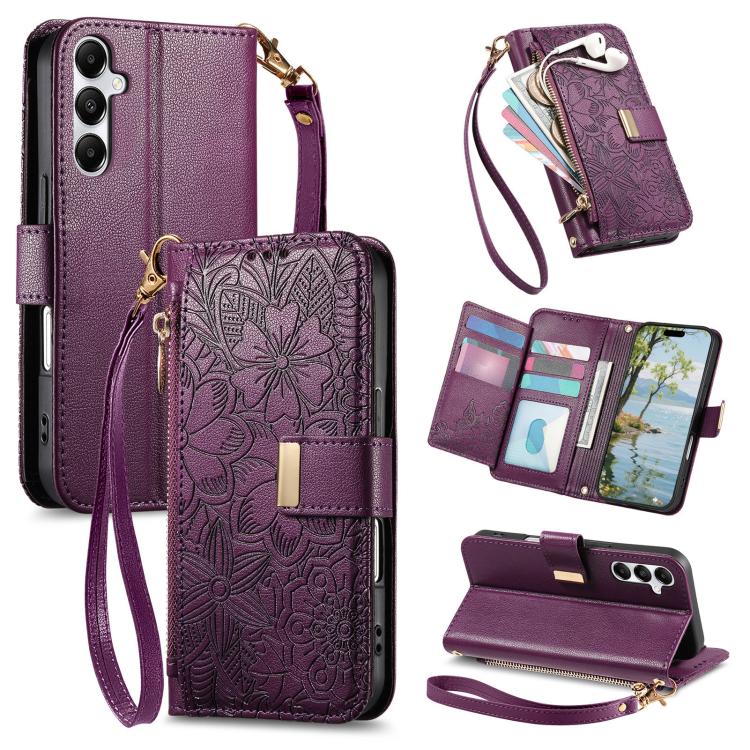 Portafoglio in pelle con cerniera e cinturino, motivo fiori e foglie, con cinturino., For Samsung Galaxy A15, For Samsung Galaxy A05, For Samsung Galaxy A05s, For Samsung Galaxy A25 5G