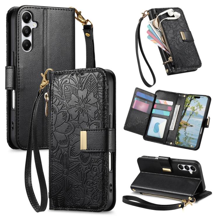Portafoglio in pelle con cerniera e cinturino, motivo fiori e foglie, con cinturino., For Samsung Galaxy A15, For Samsung Galaxy A05, For Samsung Galaxy A05s, For Samsung Galaxy A25 5G