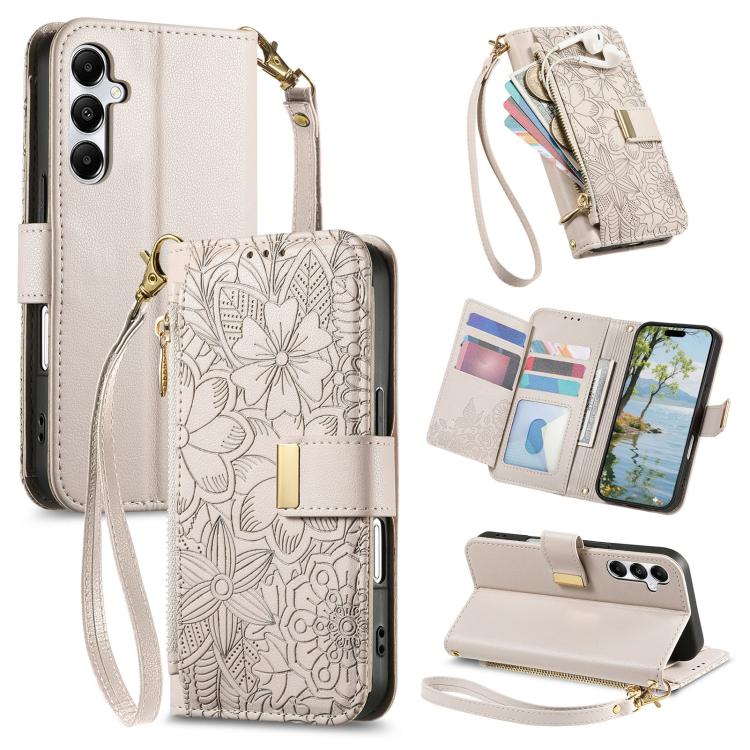 Portafoglio in pelle con cerniera e cinturino, motivo fiori e foglie, con cinturino., For Samsung Galaxy A15, For Samsung Galaxy A05, For Samsung Galaxy A05s, For Samsung Galaxy A25 5G