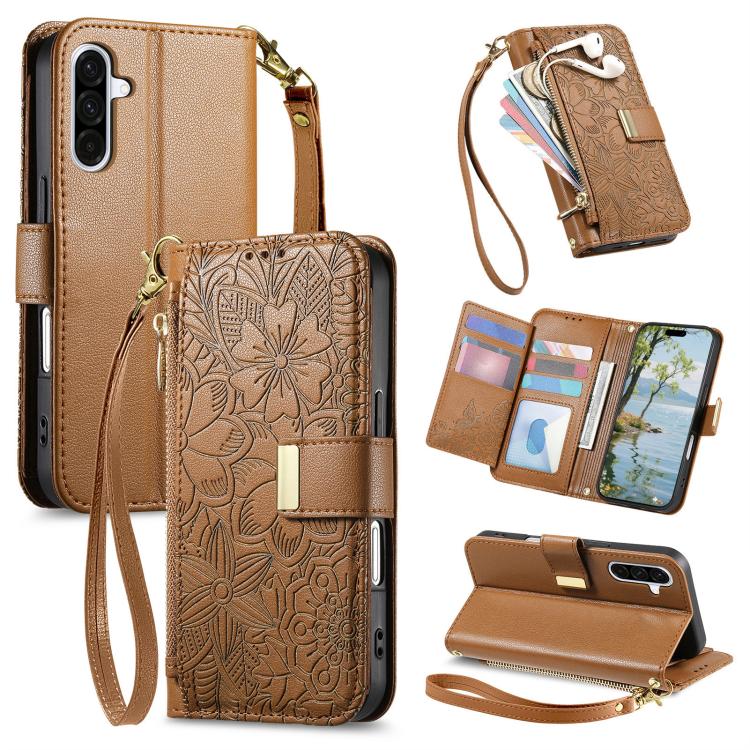 Portafoglio in pelle con cerniera e cinturino, motivo fiori e foglie, con cinturino., For Samsung Galaxy A15, For Samsung Galaxy A05, For Samsung Galaxy A05s, For Samsung Galaxy A25 5G