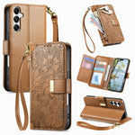 Portafoglio in pelle con cerniera e cinturino, motivo fiori e foglie, con cinturino., For Samsung Galaxy A07 4G, For Samsung Galaxy A17 5G, For Samsung Galaxy M56 5G, For Samsung Galaxy S25 Edge 5G