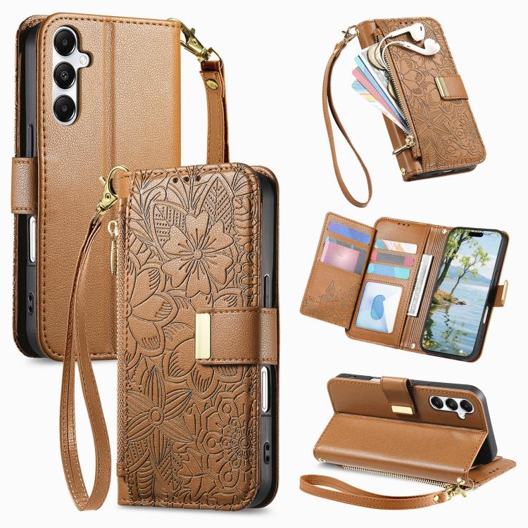 Portafoglio in pelle con cerniera e cinturino, motivo fiori e foglie, con cinturino., For Samsung Galaxy A07 4G, For Samsung Galaxy A17 5G, For Samsung Galaxy M56 5G, For Samsung Galaxy S25 Edge 5G