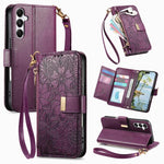 Portafoglio in pelle con cerniera e cinturino, motivo fiori e foglie, con cinturino., For Samsung Galaxy A07 4G, For Samsung Galaxy A17 5G, For Samsung Galaxy M56 5G, For Samsung Galaxy S25 Edge 5G