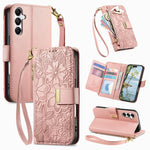 Portafoglio in pelle con cerniera e cinturino, motivo fiori e foglie, con cinturino., For Samsung Galaxy A07 4G, For Samsung Galaxy A17 5G, For Samsung Galaxy M56 5G, For Samsung Galaxy S25 Edge 5G