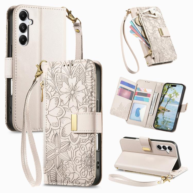 Portafoglio in pelle con cerniera e cinturino, motivo fiori e foglie, con cinturino., For Samsung Galaxy A07 4G, For Samsung Galaxy A17 5G, For Samsung Galaxy M56 5G, For Samsung Galaxy S25 Edge 5G