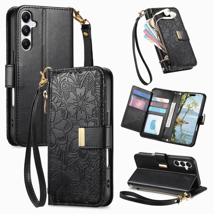 Portafoglio in pelle con cerniera e cinturino, motivo fiori e foglie, con cinturino., For Samsung Galaxy A07 4G, For Samsung Galaxy A17 5G, For Samsung Galaxy M56 5G, For Samsung Galaxy S25 Edge 5G