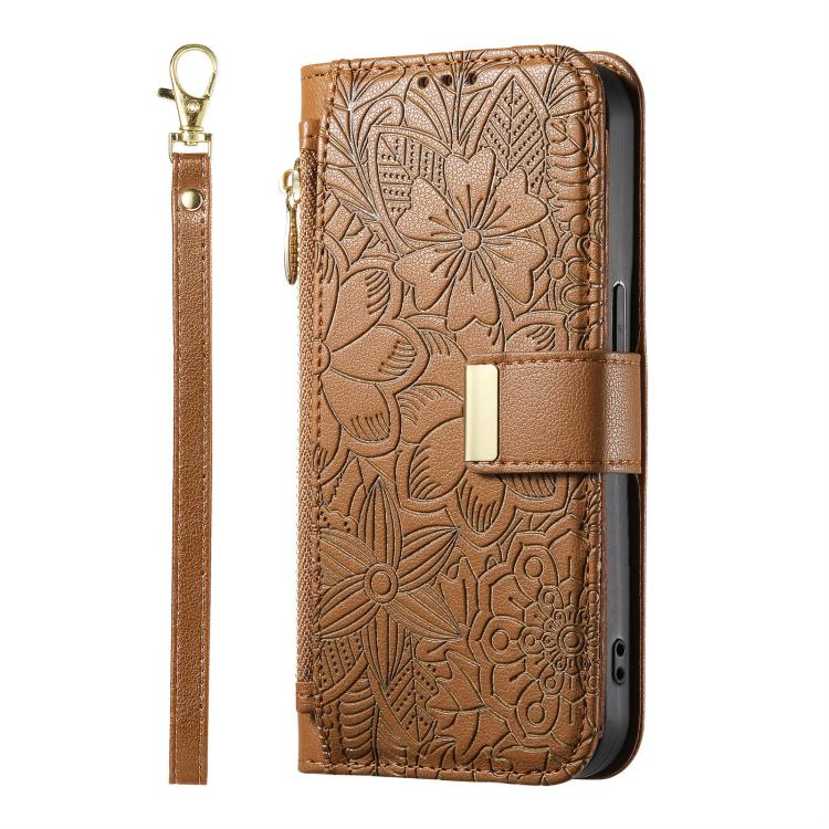 Portafoglio in pelle con cerniera e cinturino, motivo fiori e foglie, con cinturino., For Samsung Galaxy A07 4G, For Samsung Galaxy A17 5G, For Samsung Galaxy M56 5G, For Samsung Galaxy S25 Edge 5G