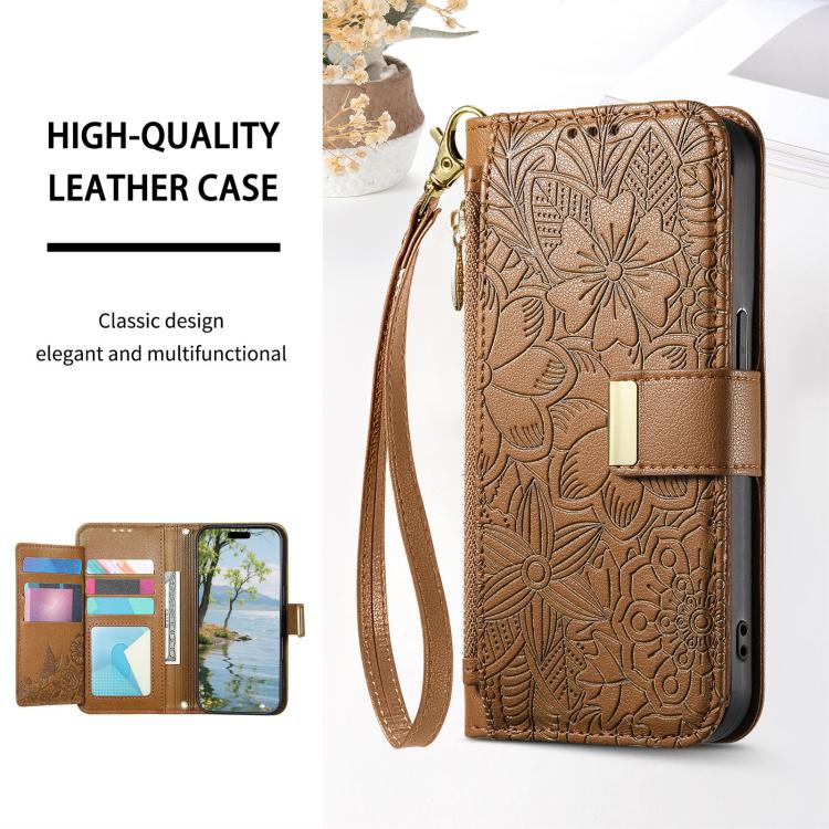 Portafoglio in pelle con cerniera e cinturino, motivo fiori e foglie, con cinturino., For Samsung Galaxy A07 4G, For Samsung Galaxy A17 5G, For Samsung Galaxy M56 5G, For Samsung Galaxy S25 Edge 5G