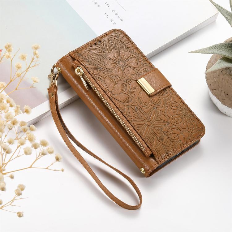 Portafoglio in pelle con cerniera e cinturino, motivo fiori e foglie, con cinturino., For Samsung Galaxy A07 4G, For Samsung Galaxy A17 5G, For Samsung Galaxy M56 5G, For Samsung Galaxy S25 Edge 5G