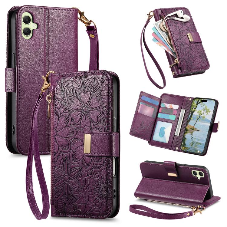 Portafoglio in pelle con cerniera e cinturino, motivo fiori e foglie, con cinturino., For Samsung Galaxy A07 4G, For Samsung Galaxy A17 5G, For Samsung Galaxy M56 5G, For Samsung Galaxy S25 Edge 5G