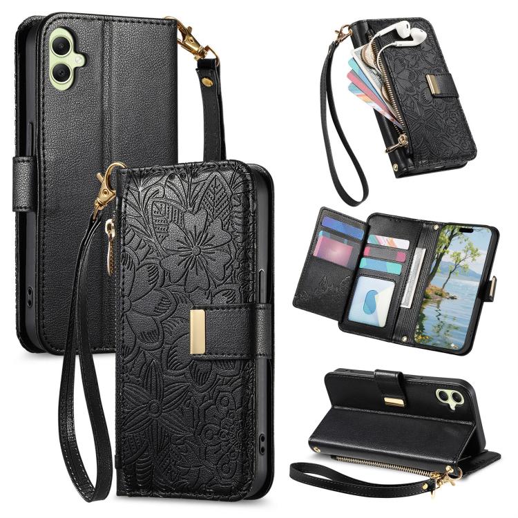 Portafoglio in pelle con cerniera e cinturino, motivo fiori e foglie, con cinturino., For Samsung Galaxy A07 4G, For Samsung Galaxy A17 5G, For Samsung Galaxy M56 5G, For Samsung Galaxy S25 Edge 5G