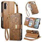 Portafoglio in pelle con cerniera e cinturino, motivo fiori e foglie, con cinturino., For Galaxy S26 5G, For Samsung Galaxy A57 5G, For Samsung Galaxy A37 5G, For Samsung Galaxy M36 5G