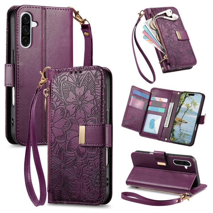Portafoglio in pelle con cerniera e cinturino, motivo fiori e foglie, con cinturino., For Galaxy S26 5G, For Samsung Galaxy A57 5G, For Samsung Galaxy A37 5G, For Samsung Galaxy M36 5G