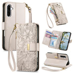 Portafoglio in pelle con cerniera e cinturino, motivo fiori e foglie, con cinturino., For Galaxy S26 5G, For Samsung Galaxy A57 5G, For Samsung Galaxy A37 5G, For Samsung Galaxy M36 5G