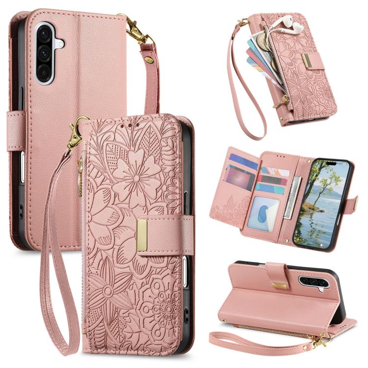 Portafoglio in pelle con cerniera e cinturino, motivo fiori e foglie, con cinturino., For Samsung Galaxy A07 4G, For Samsung Galaxy A17 5G, For Samsung Galaxy M56 5G, For Samsung Galaxy S25 Edge 5G