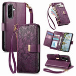 Portafoglio in pelle con cerniera e cinturino, motivo fiori e foglie, con cinturino., For Galaxy S26 5G, For Samsung Galaxy A57 5G, For Samsung Galaxy A37 5G, For Samsung Galaxy M36 5G