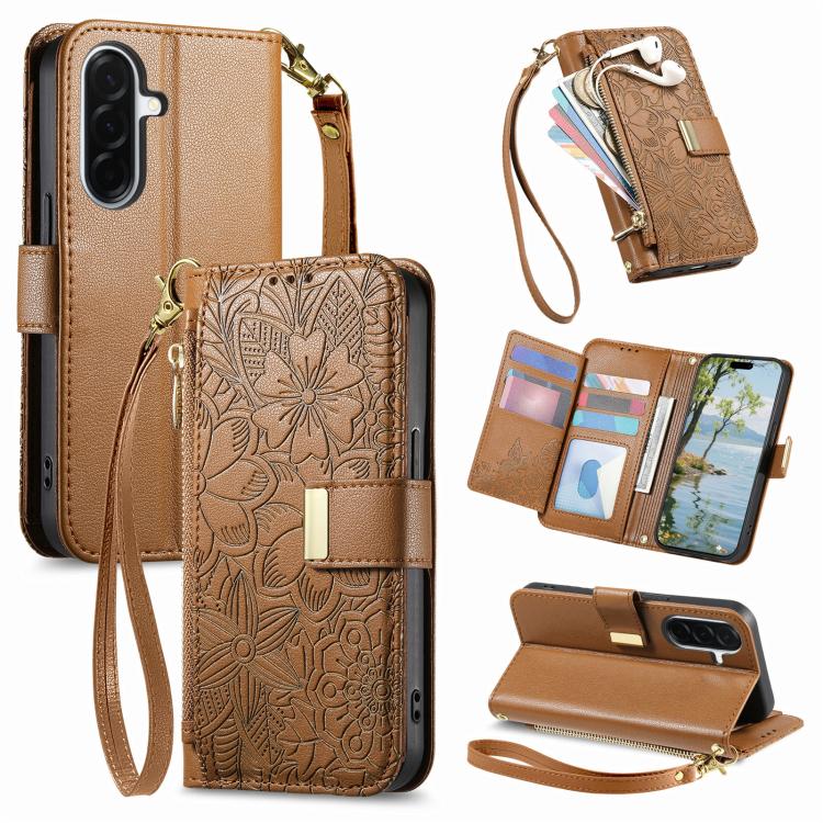 Portafoglio in pelle con cerniera e cinturino, motivo fiori e foglie, con cinturino., For Galaxy S26 5G, For Samsung Galaxy A57 5G, For Samsung Galaxy A37 5G, For Samsung Galaxy M36 5G