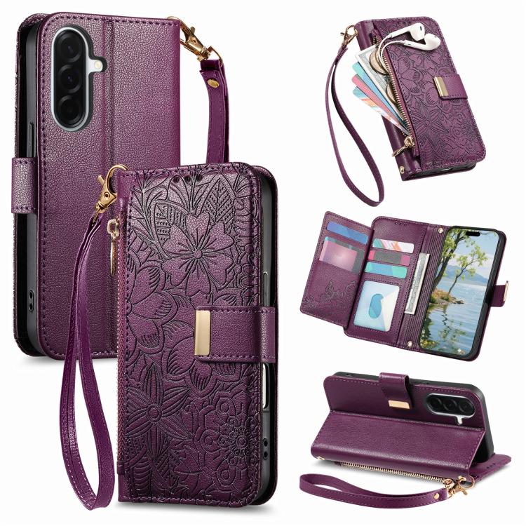 Portafoglio in pelle con cerniera e cinturino, motivo fiori e foglie, con cinturino., For Galaxy S26 5G, For Samsung Galaxy A57 5G, For Samsung Galaxy A37 5G, For Samsung Galaxy M36 5G