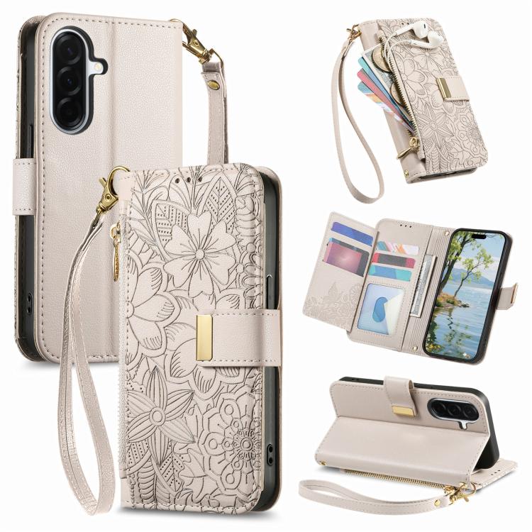 Portafoglio in pelle con cerniera e cinturino, motivo fiori e foglie, con cinturino., For Galaxy S26 5G, For Samsung Galaxy A57 5G, For Samsung Galaxy A37 5G, For Samsung Galaxy M36 5G