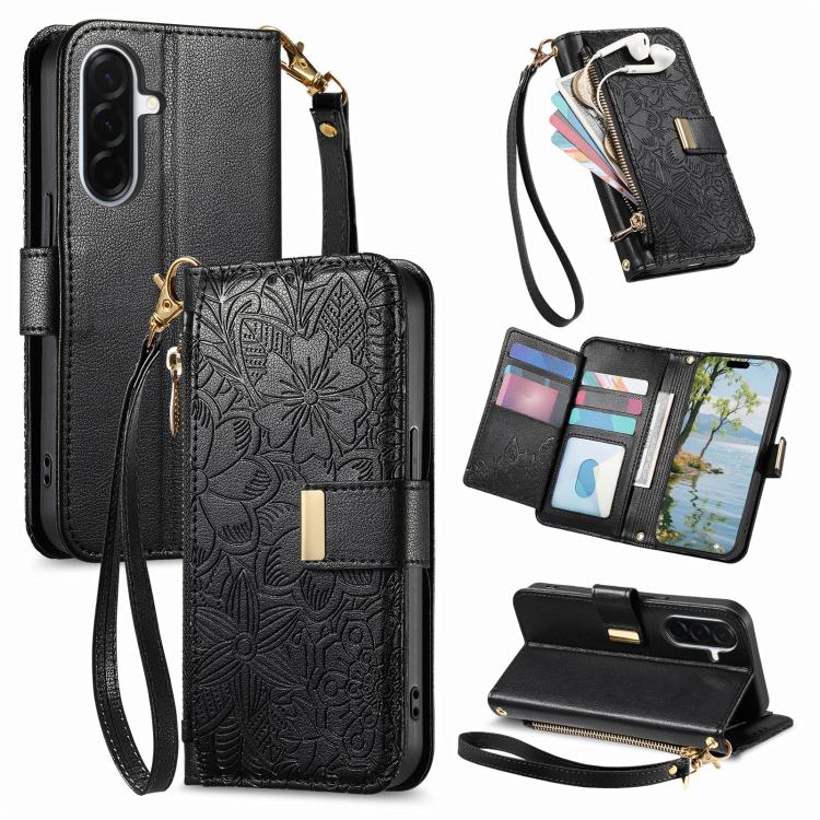 Portafoglio in pelle con cerniera e cinturino, motivo fiori e foglie, con cinturino., For Galaxy S26 5G, For Samsung Galaxy A57 5G, For Samsung Galaxy A37 5G, For Samsung Galaxy M36 5G