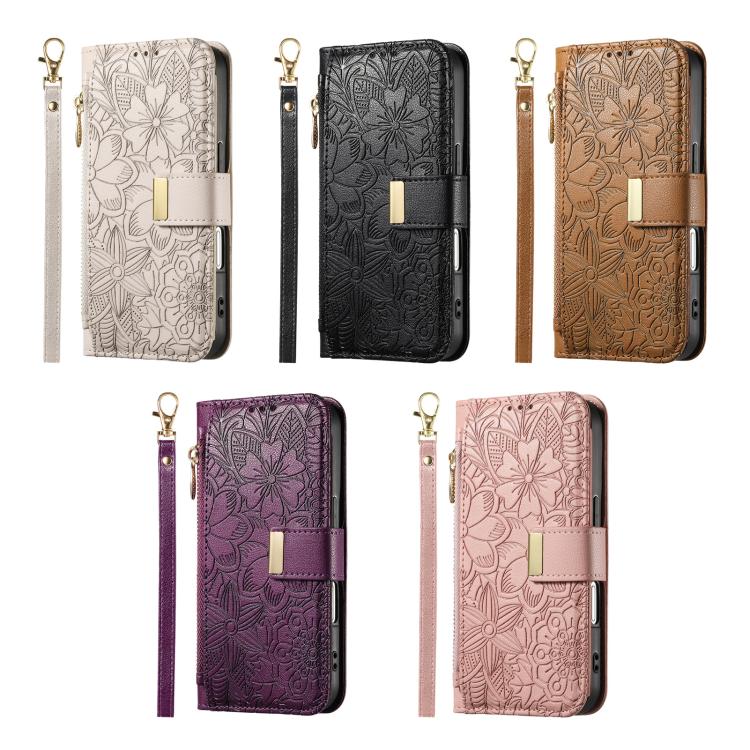 Portafoglio in pelle con cerniera e cinturino, motivo fiori e foglie, con cinturino., For Samsung Galaxy S23 FE 5G, For Samsung Galaxy S23 Ultra 5G, For Samsung Galaxy S23+ 5G, For Samsung Galaxy S23 5G