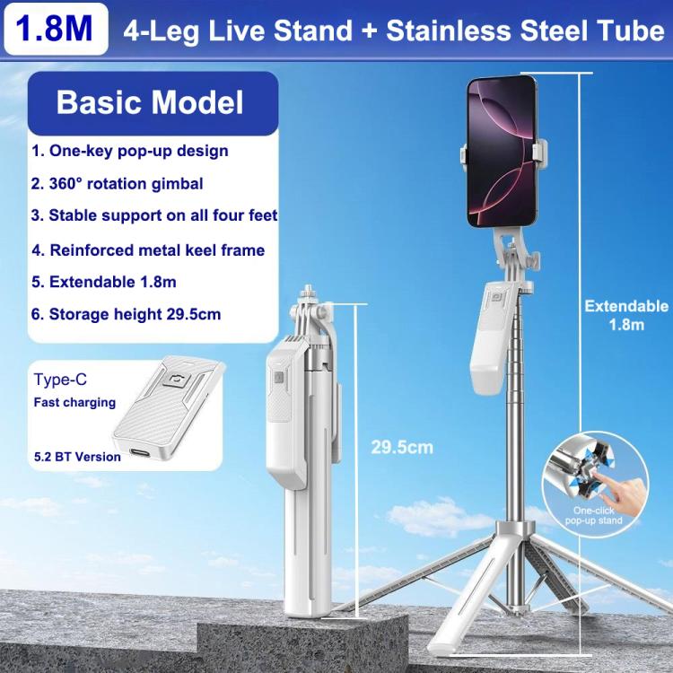 P18 Asta per selfie portatile da viaggio con gimbal retrattile anti-vibrazione e supporto per telefono, P18