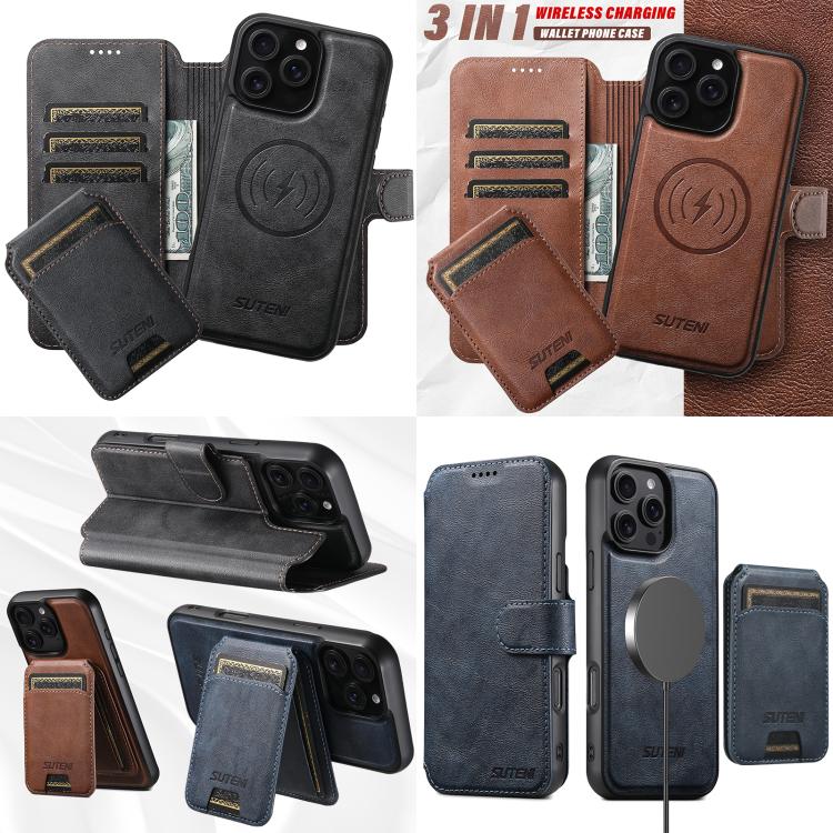 Custodia per telefono in pelle Suteni Q05S2 3 in 1 con portafoglio verticale rimovibile e MagSafe., For iPhone 13 Pro Max, For iPhone 13 Pro, For iPhone 13, For iPhone 12, For iPhone 12 Pro Max, For iPhone 12 Pro