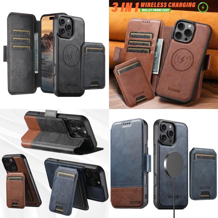 Custodia per telefono in pelle Suteni Q06S2 3 in 1 con portafoglio verticale rimovibile, MagSafe e inserti in pelle., For iPhone 13 Pro Max, For iPhone 13 Pro, For iPhone 13, For iPhone 12, For iPhone 12 Pro Max, For iPhone 12 Pro