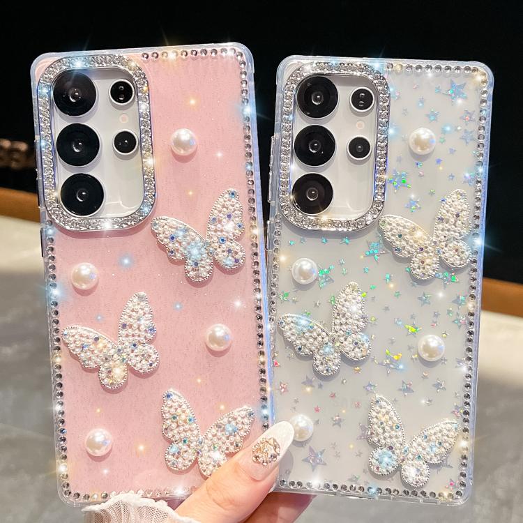 Custodia antiurto con farfalle, perle e glitter per Samsung Galaxy S24 FE, A15