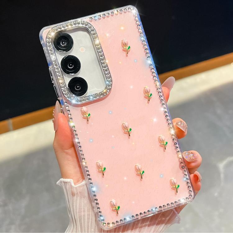 Custodia antiurto a quattro angoli con tulipani 3D glitterati per Samsung Galaxy