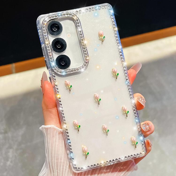Custodia antiurto a quattro angoli con tulipani 3D glitterati per Samsung Galaxy