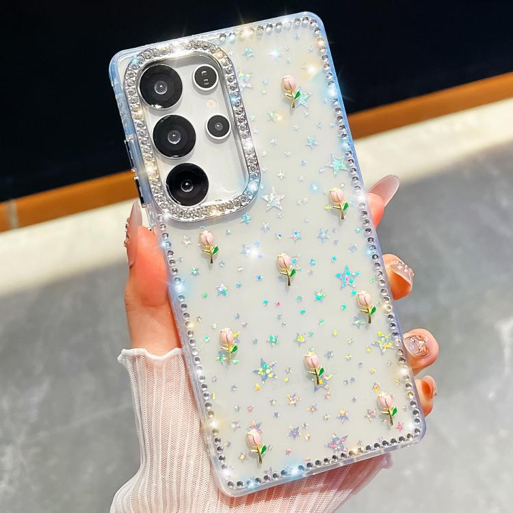 Custodia antiurto a quattro angoli con tulipani 3D glitterati per Samsung Galaxy