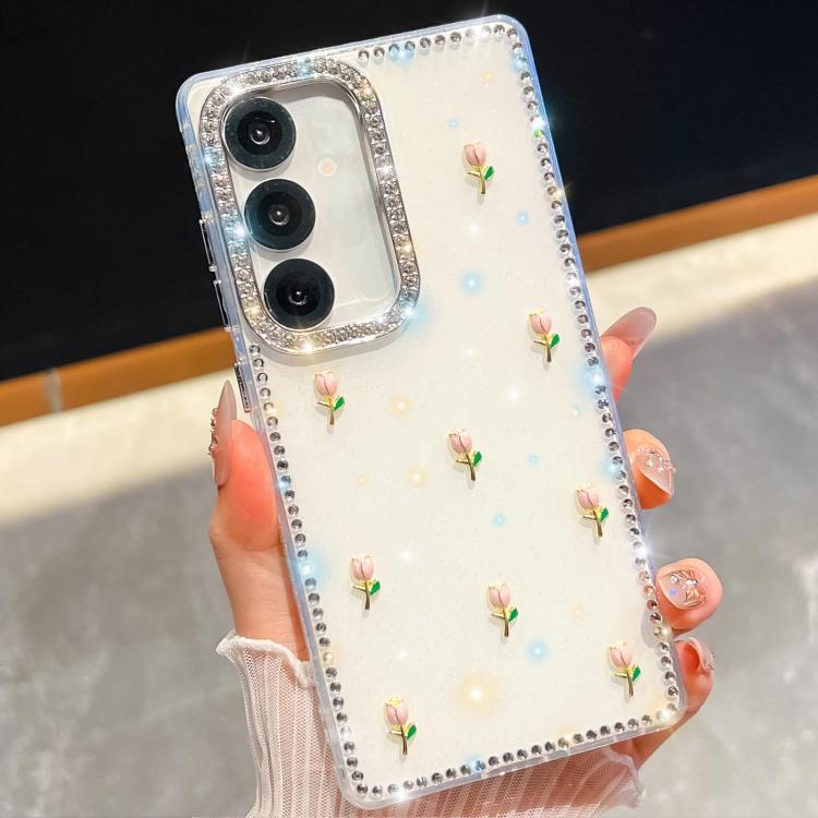 Custodia antiurto a quattro angoli con tulipani 3D glitterati per Samsung Galaxy