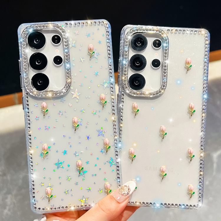 Custodia antiurto a quattro angoli con tulipani 3D glitterati per Samsung Galaxy