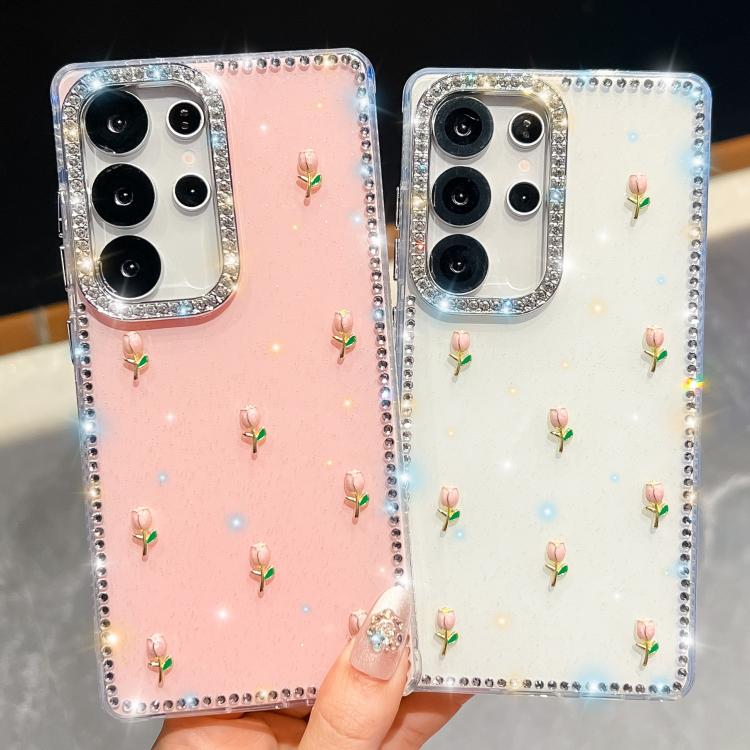 Custodia antiurto con tulipani 3D glitterati per Samsung Galaxy A16, S24 FE, A15