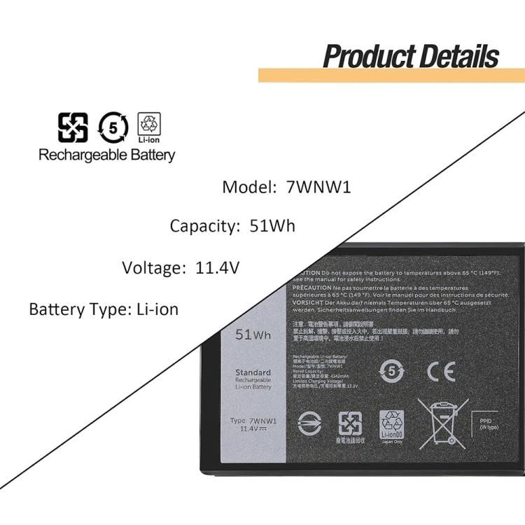 Batteria per laptop Dell Latitude 5424 5420 Rugged Latitude 7424 Rugged Extreme P137G, 7WNW1 11.4V 51Wh