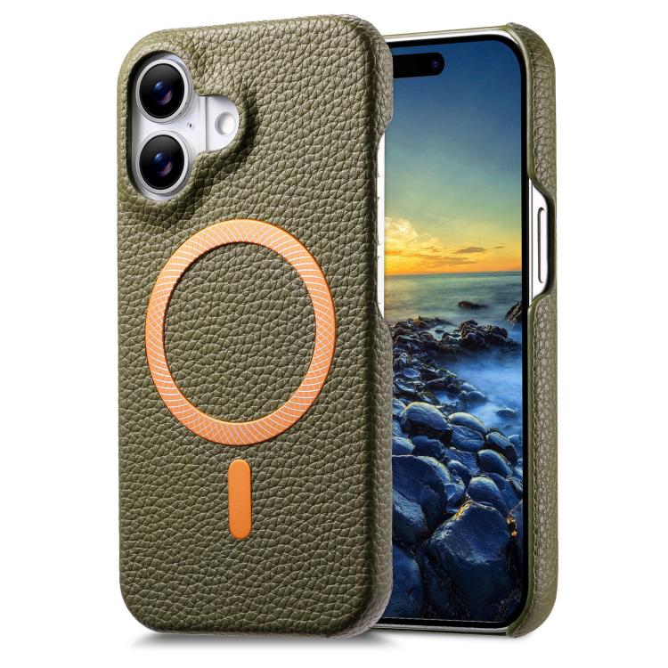 Cover posteriore per telefono in PU con texture litchi e MagSafe spazzolato., For iPhone 16, For iPhone 15 Pro Max, For iPhone 15 Pro