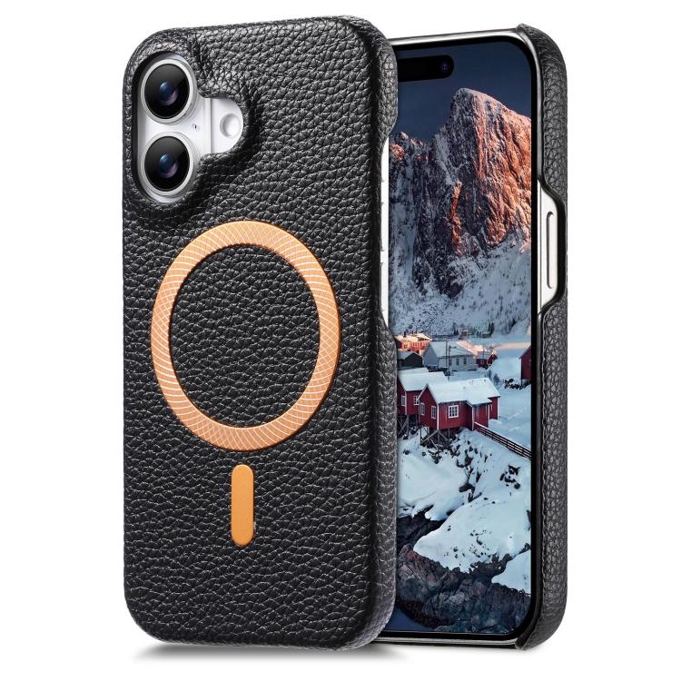 Cover posteriore per telefono in PU con texture litchi e MagSafe spazzolato., For iPhone 16, For iPhone 15 Pro Max, For iPhone 15 Pro