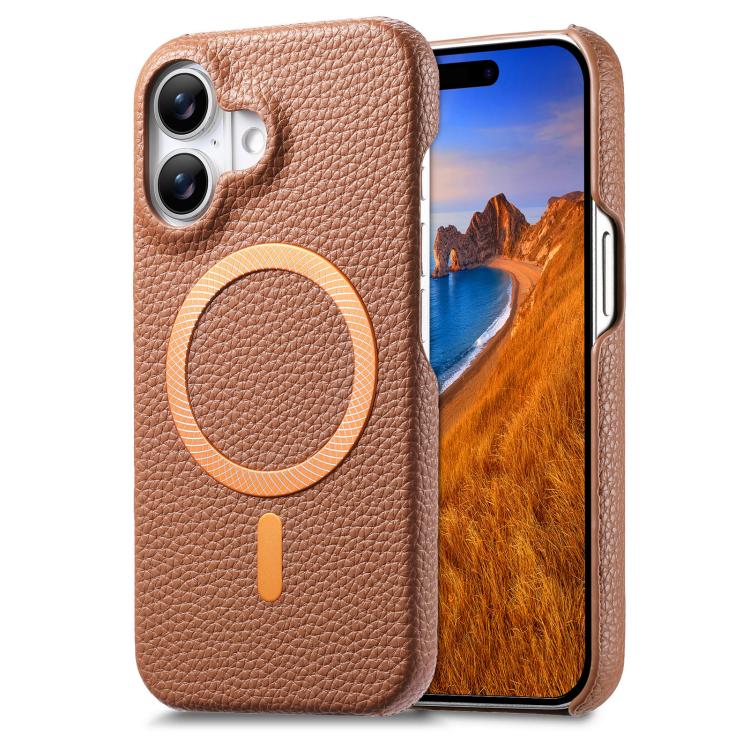 Cover posteriore per telefono in PU con texture litchi e MagSafe spazzolato., For iPhone 16 Pro Max, For iPhone 16 Pro, For iPhone 16 Plus