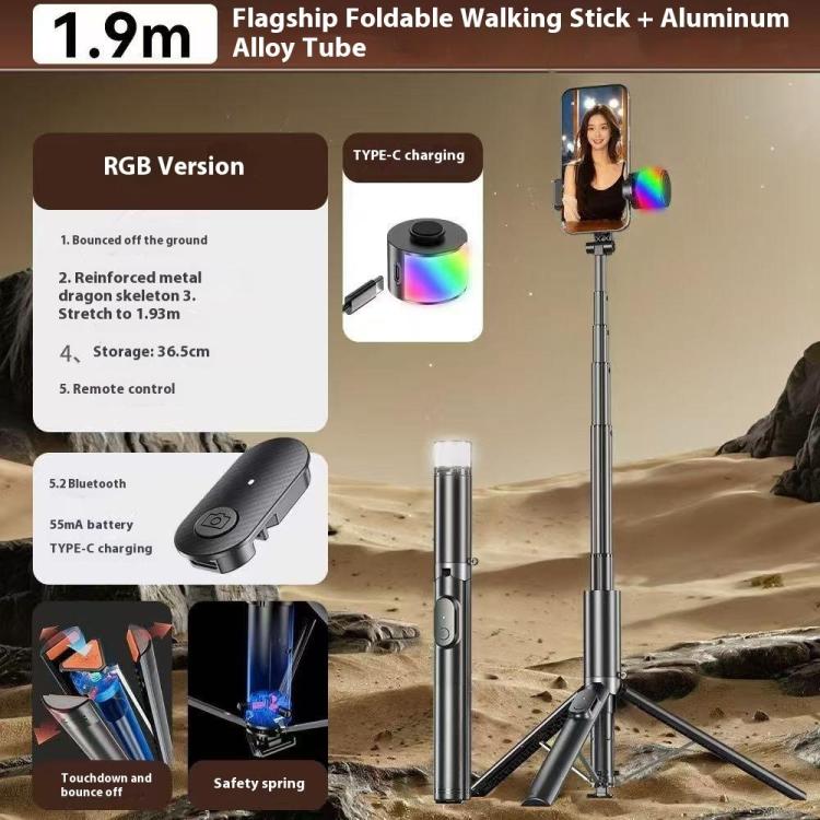 P27-D Asta per selfie portatile estensibile da 1,9 m con luce RGB, a scomparsa automatica, ideale per viaggi e momenti di relax., P27-D