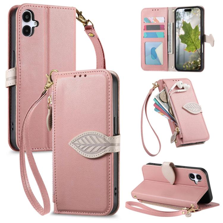 Portafoglio in pelle con cerniera e fibbia a foglia per Samsung Galaxy A50, A17