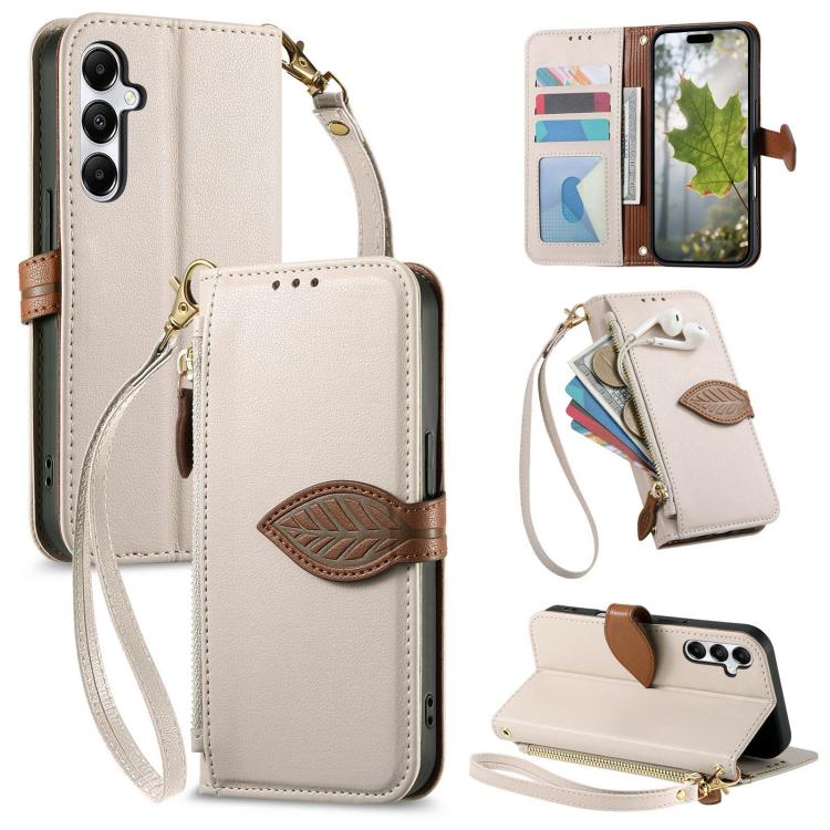 Portafoglio in pelle con cerniera e fibbia a foglia per Samsung Galaxy A50, A17