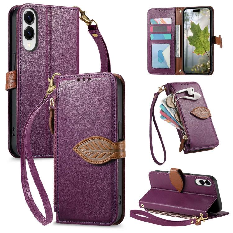 Portafoglio in pelle con cerniera e fibbia a foglia per Samsung Galaxy A50, A17