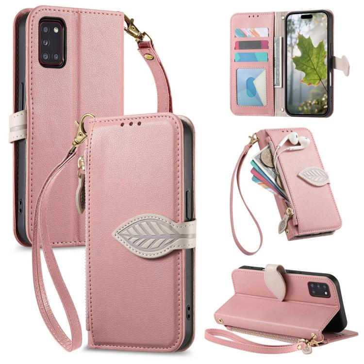 Portafoglio in pelle con cerniera e fibbia a foglia per Samsung Galaxy A53 5G