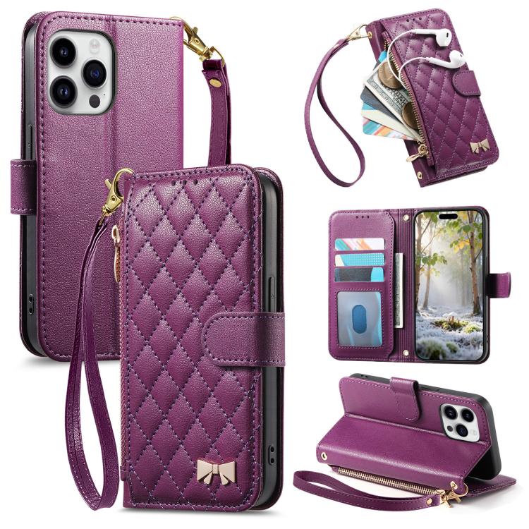 Portafoglio con cerniera a trama romboidale, fibbia in metallo, custodia per telefono in ecopelle con cinturino, For iPhone 15 Pro Max, For iPhone 15 Pro, For iPhone 15 Plus, For iPhone 15