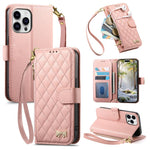 Portafoglio con cerniera a trama romboidale, fibbia in metallo, custodia per telefono in ecopelle con cinturino, For iPhone 15 Pro Max, For iPhone 15 Pro, For iPhone 15 Plus, For iPhone 15